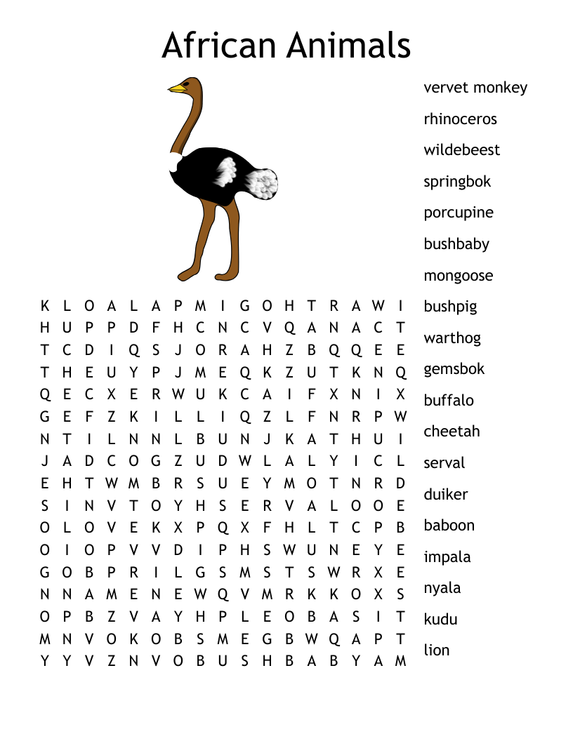 African Animals Word Search
