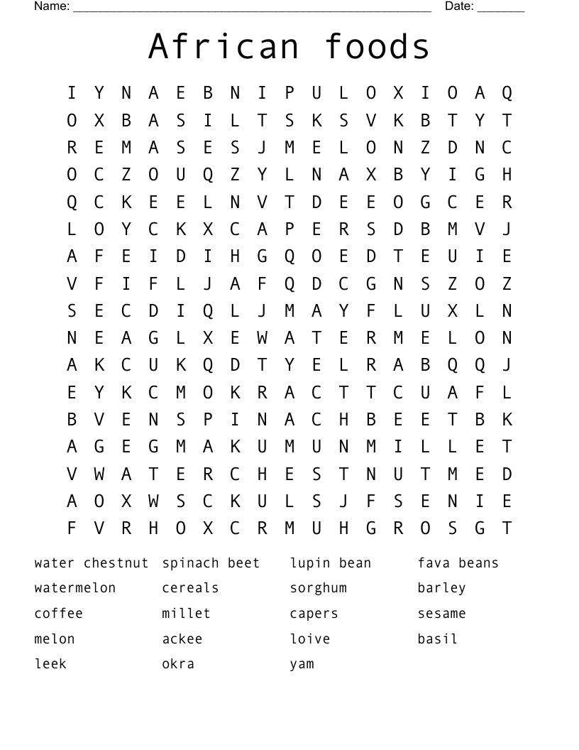 African foods  Word Search