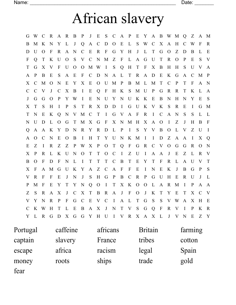 African slavery Word Search
