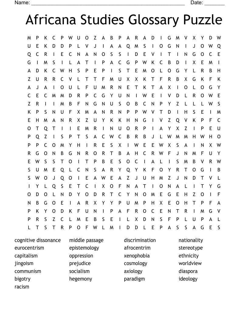 Africana Studies Glossary Puzzle Word Search