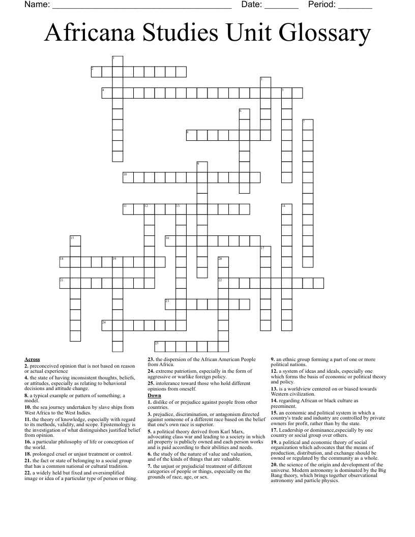 Africana Studies Unit Glossary Crossword