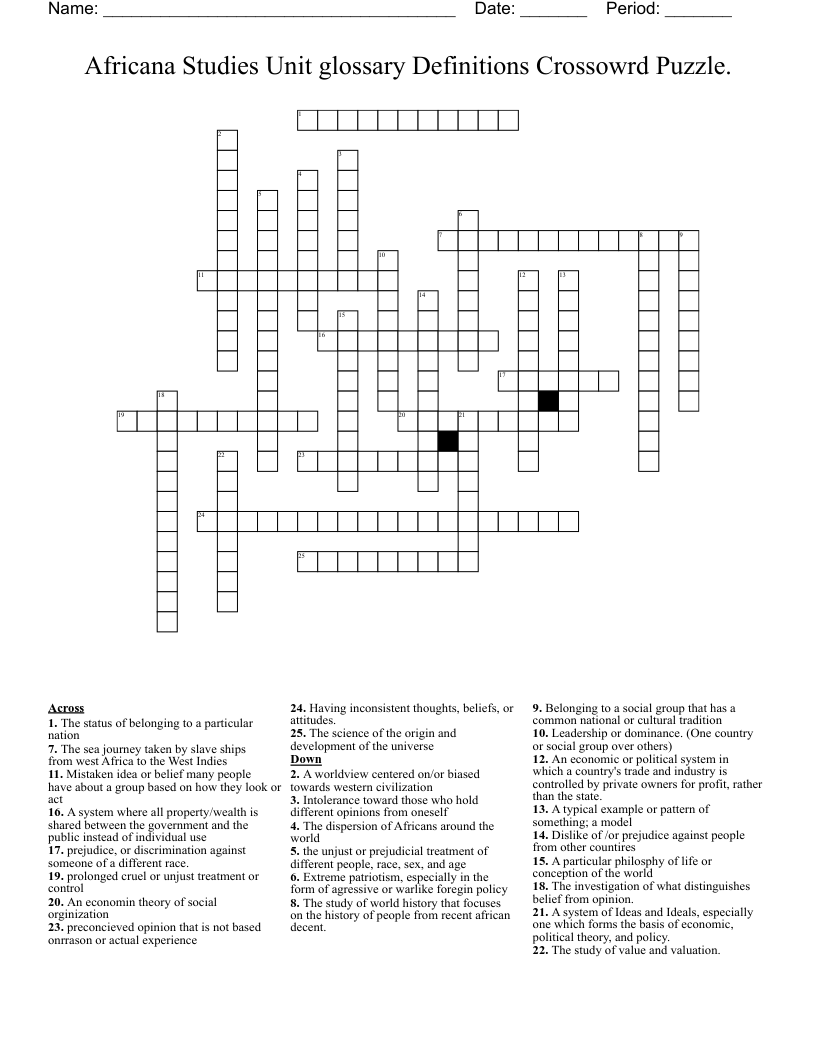Africana Studies Unit glossary Definitions Crossowrd Puzzle. Crossword