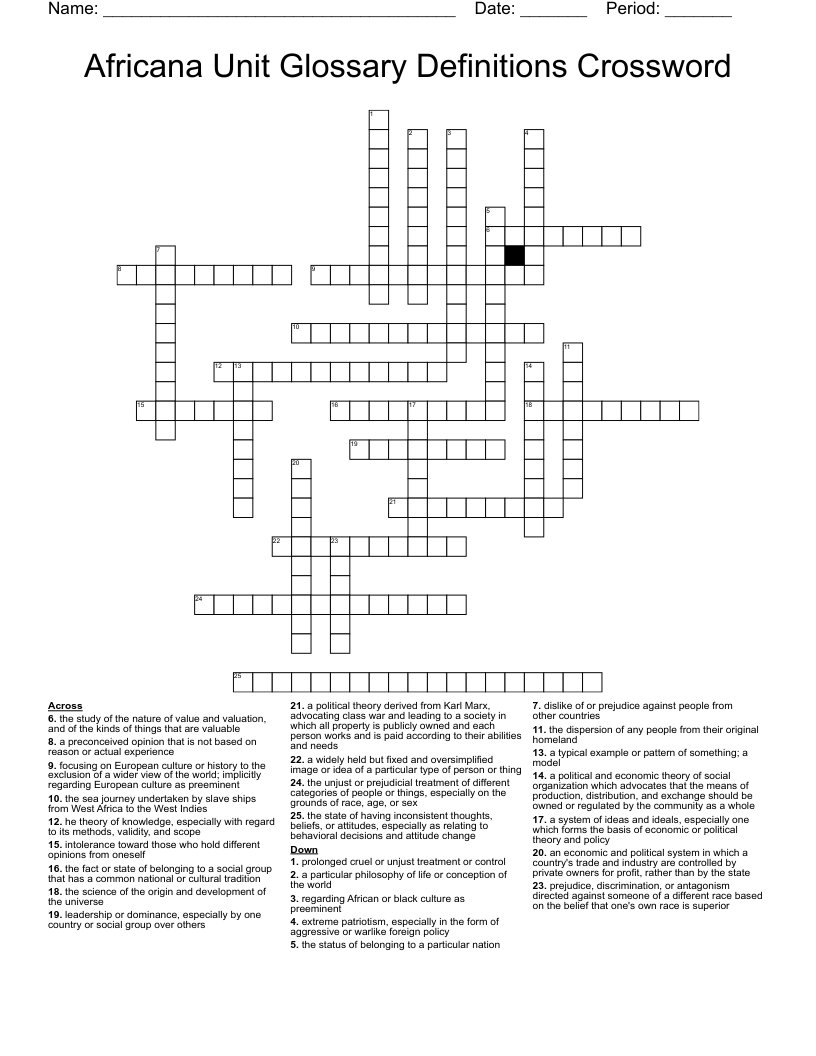 Africana Unit Glossary Definitions Crossword