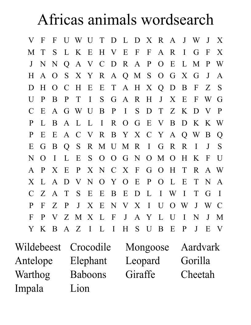 Africas animals wordsearch