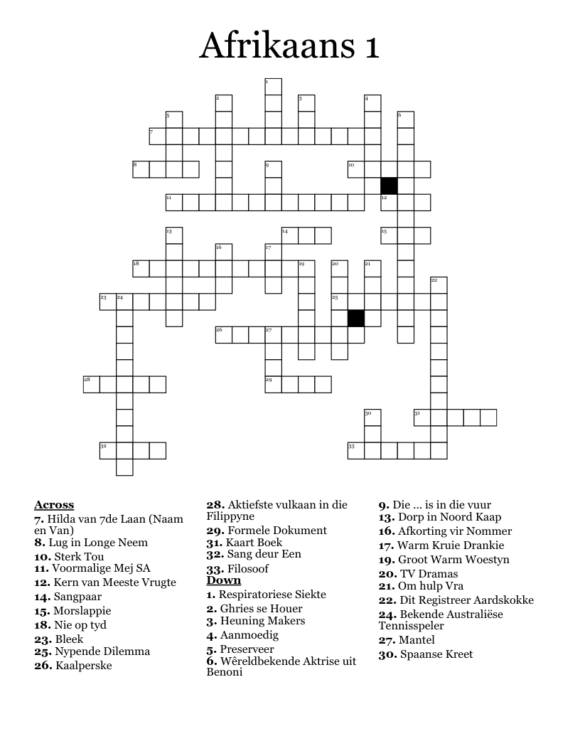 Afrikaans 1 Crossword