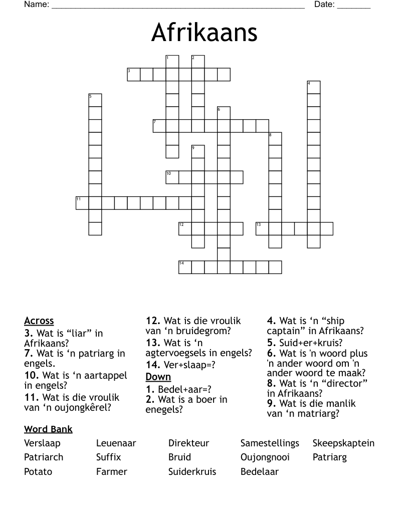 Afrikaans Crossword