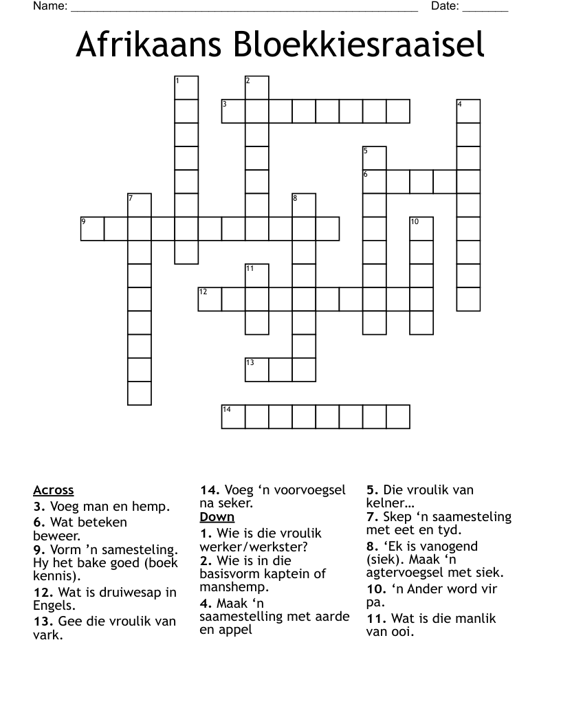 Afrikaans Bloekkiesraaisel Crossword