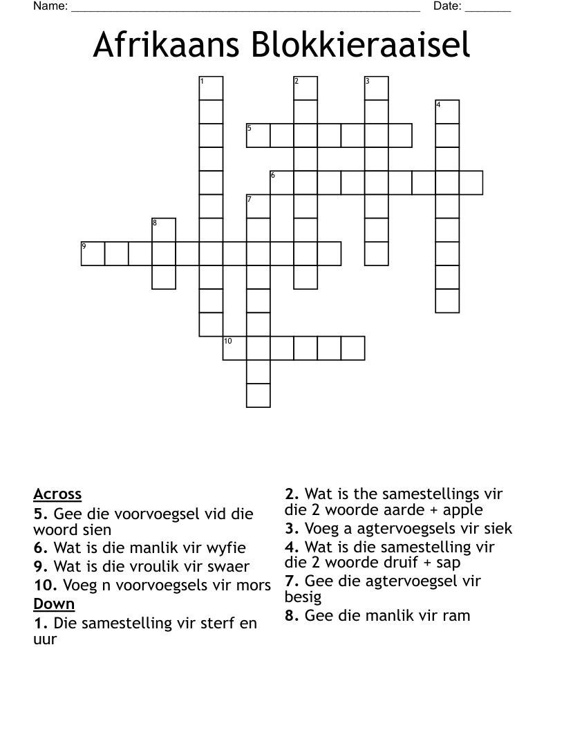 Afrikaans Blokkieraaisel  Crossword