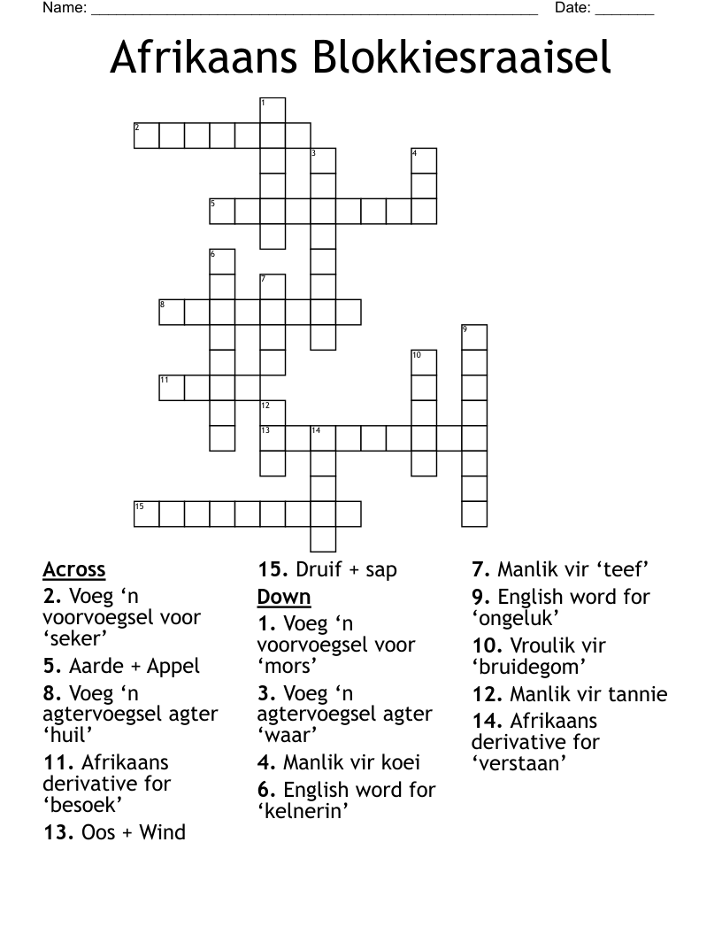 Afrikaans Blokkiesraaisel Crossword