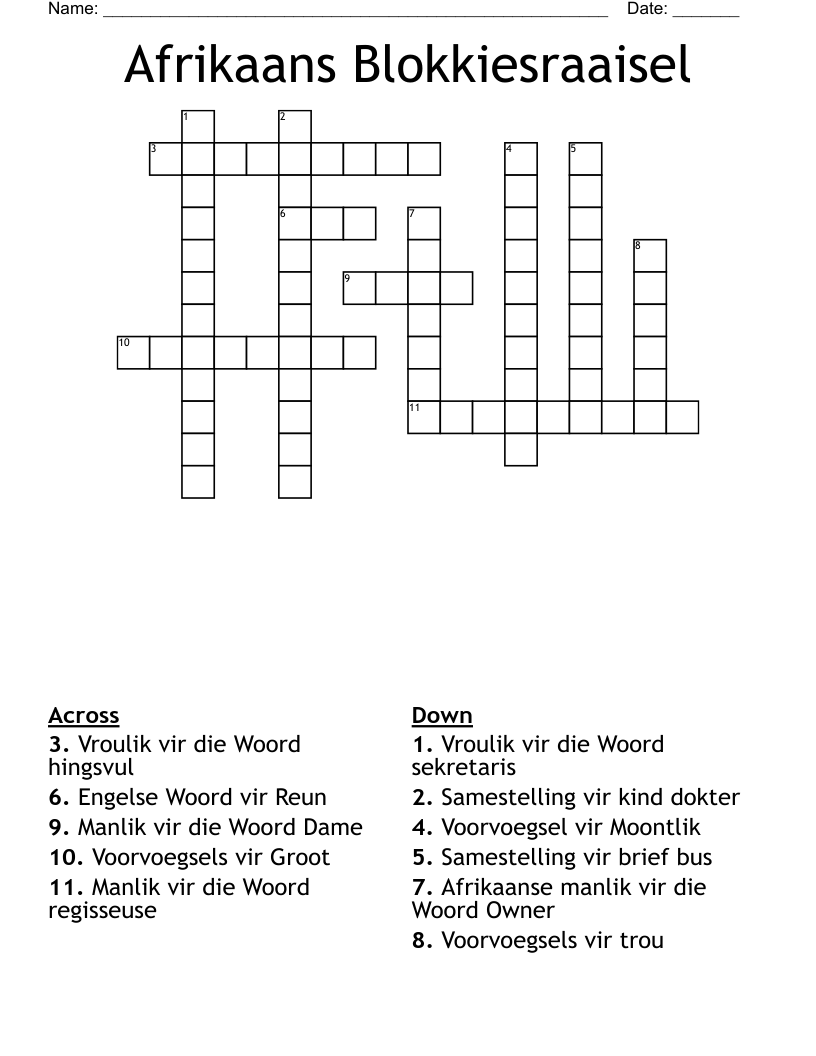 Afrikaans Blokkiesraaisel Crossword