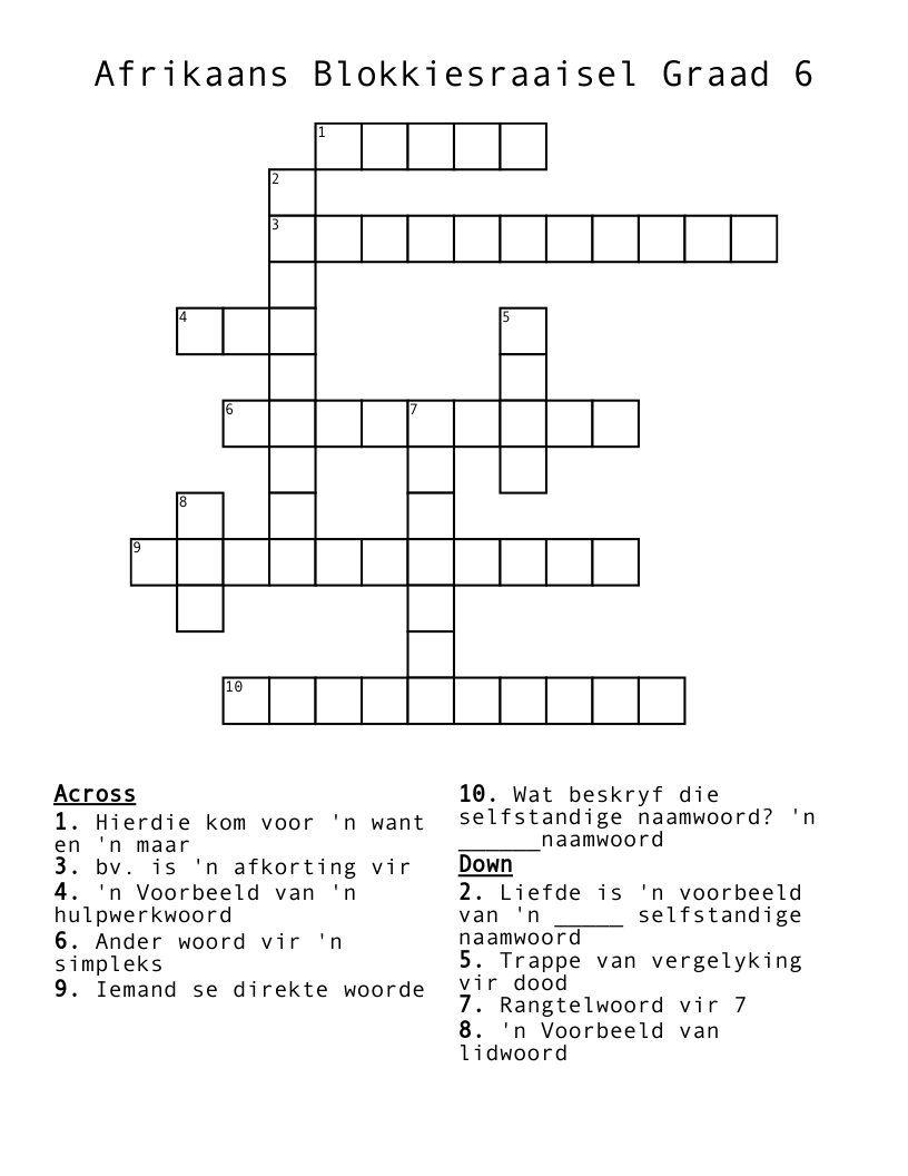 Afrikaans Blokkiesraaisel Graad 6 Crossword
