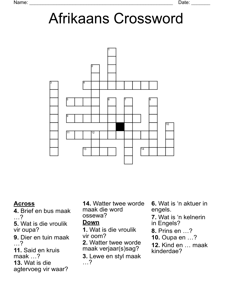 Afrikaans Crossword