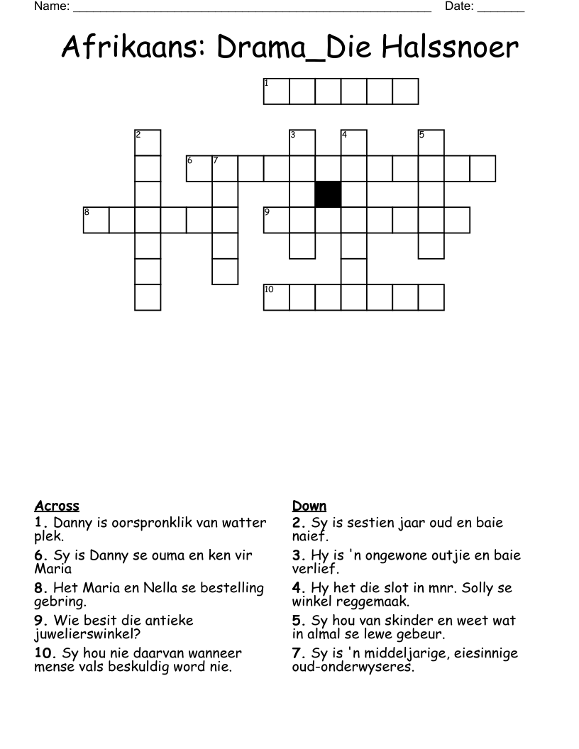 Afrikaans: Drama_Die Halssnoer Crossword
