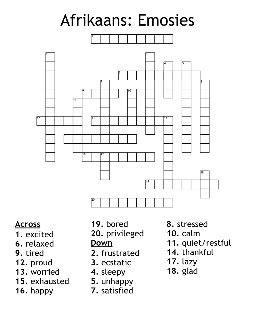 Afrikaans: Emosies Crossword