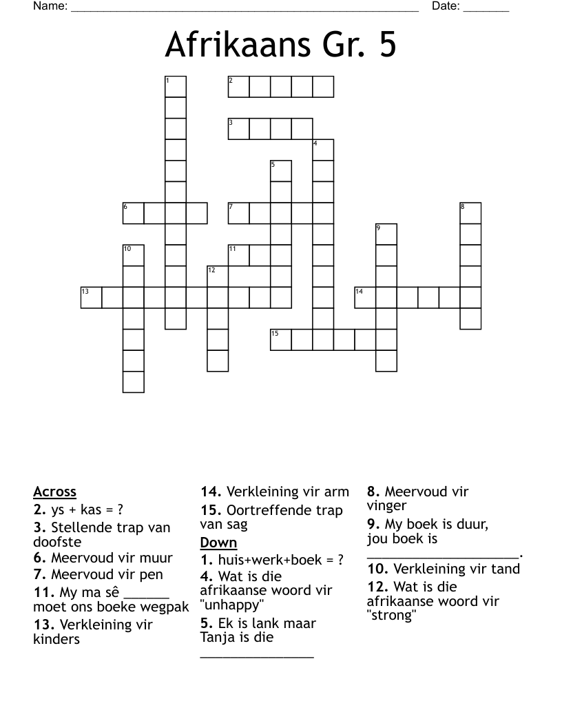 Afrikaans Gr. 5 Crossword