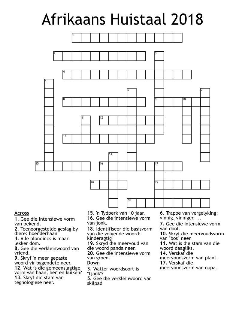 Afrikaans Huistaal 2018 Crossword