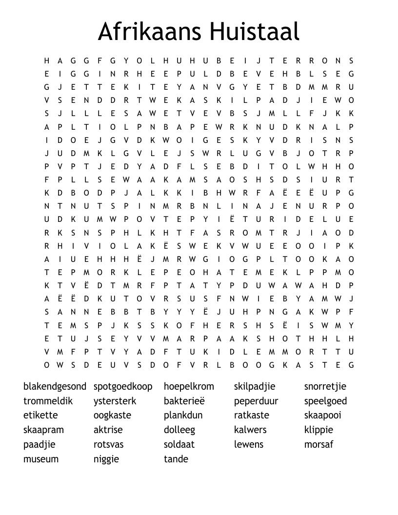 Afrikaans Huistaal Word Search