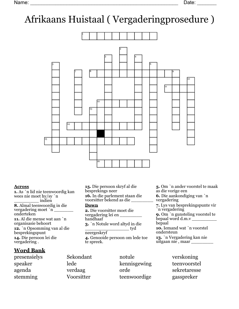 Afrikaans Huistaal ( Vergaderingprosedure ) Crossword