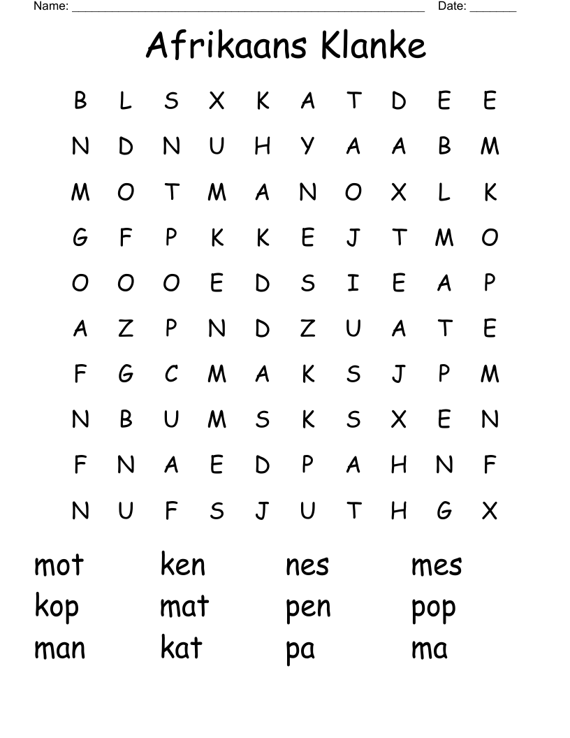Afrikaans Klanke  Word Search