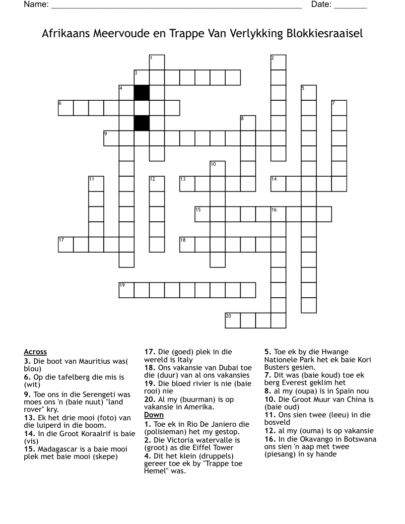Afrikaans Meervoude en Trappe Van Verlykking Blokkiesraaisel Crossword
