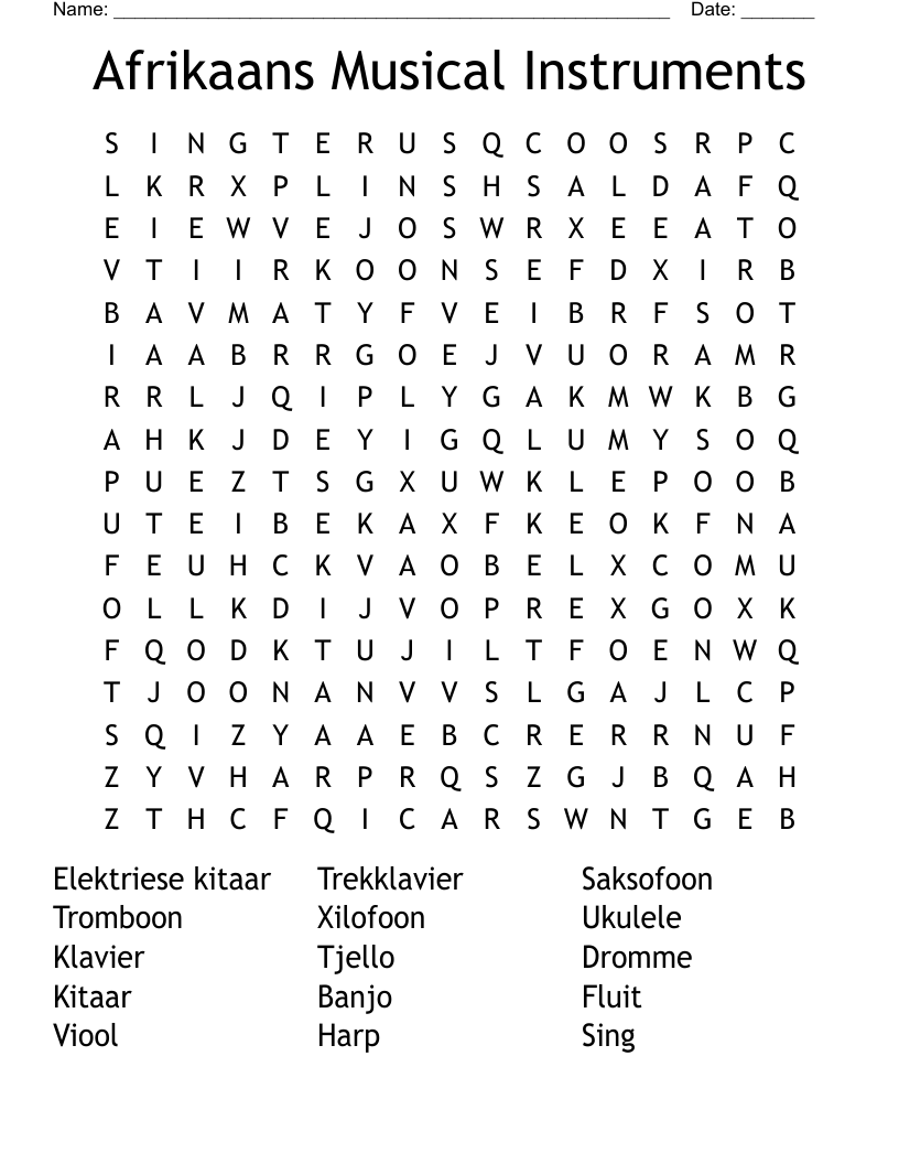 Afrikaans Musical Instruments Word Search