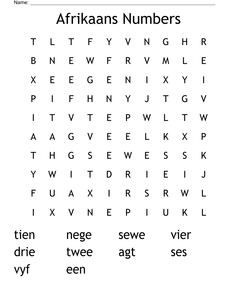Afrikaans Numbers Word Search