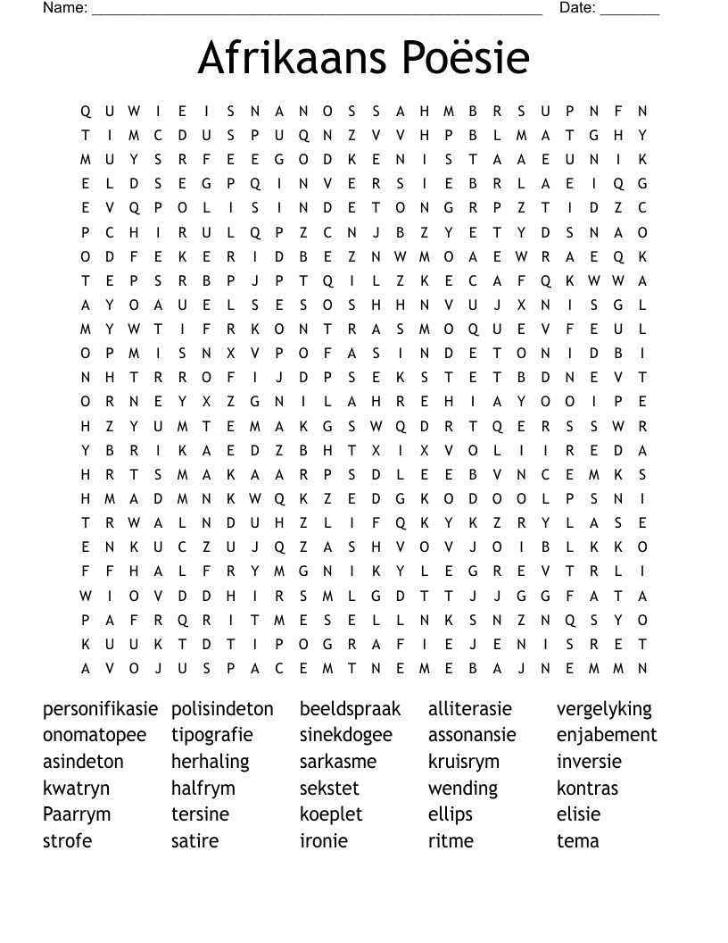 Afrikaans Poësie Word Search