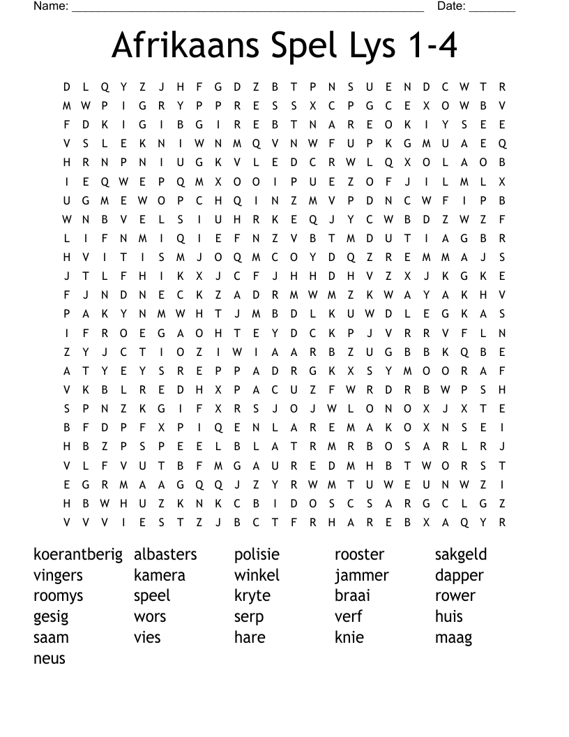 Afrikaans Spel Lys 1-4 Word Search