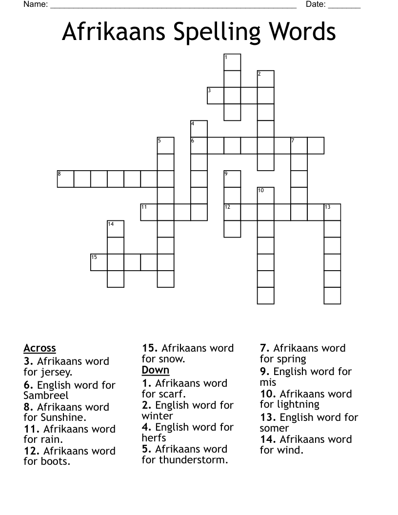 Afrikaans Spelling Words Crossword