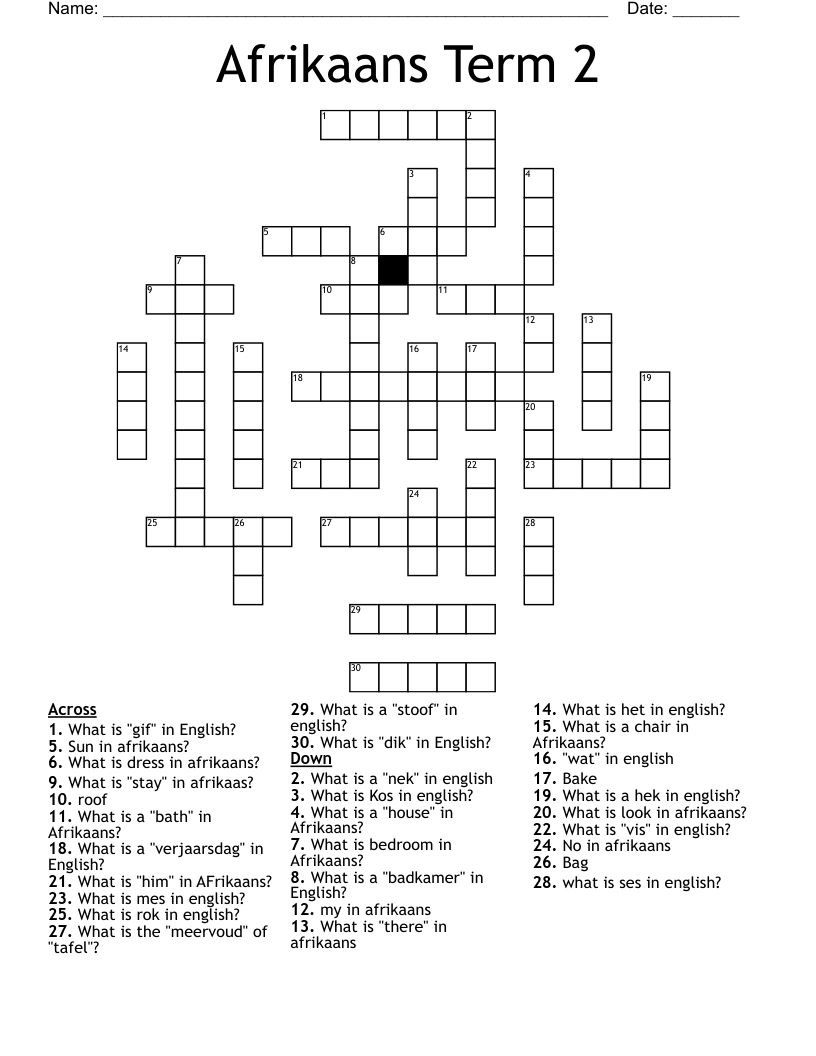 Afrikaans Term 2 Crossword