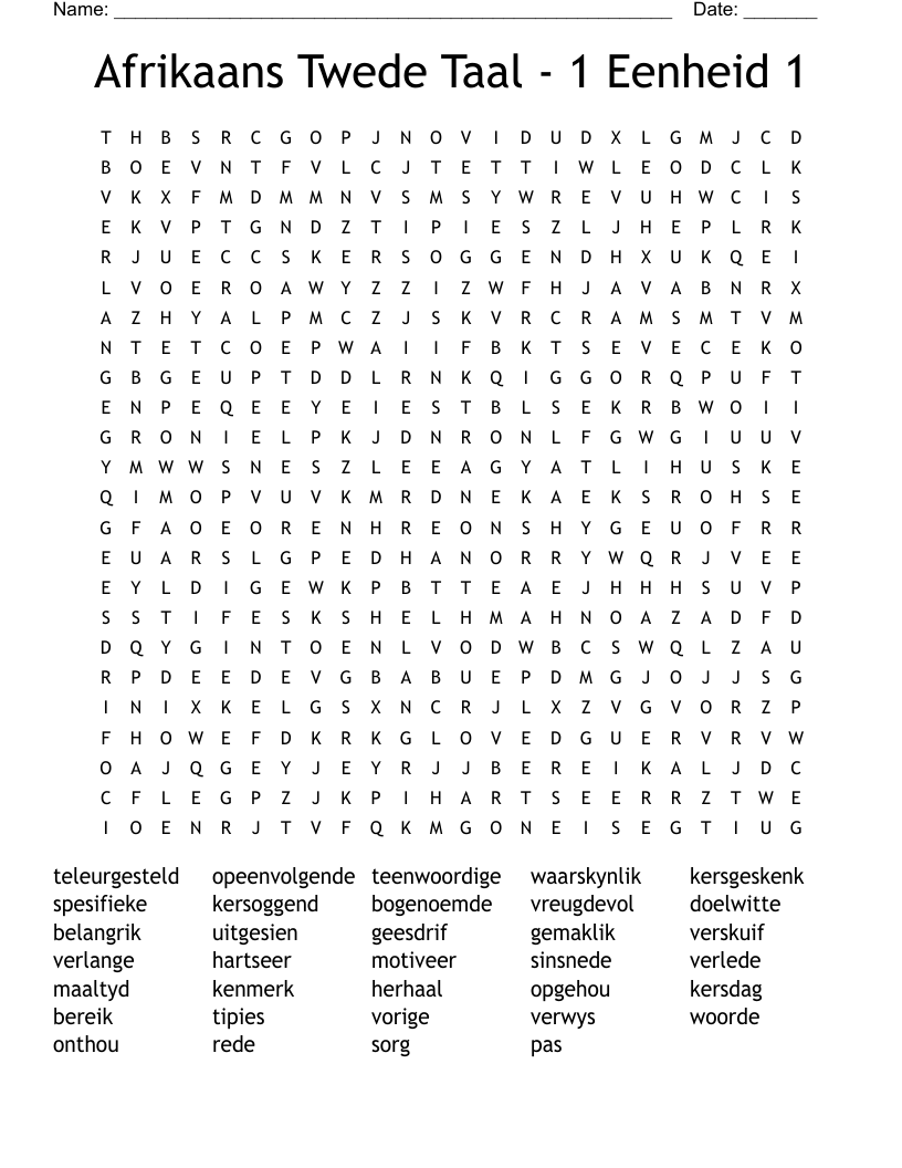 Afrikaans Twede Taal - 1 Eenheid 1 Word Search