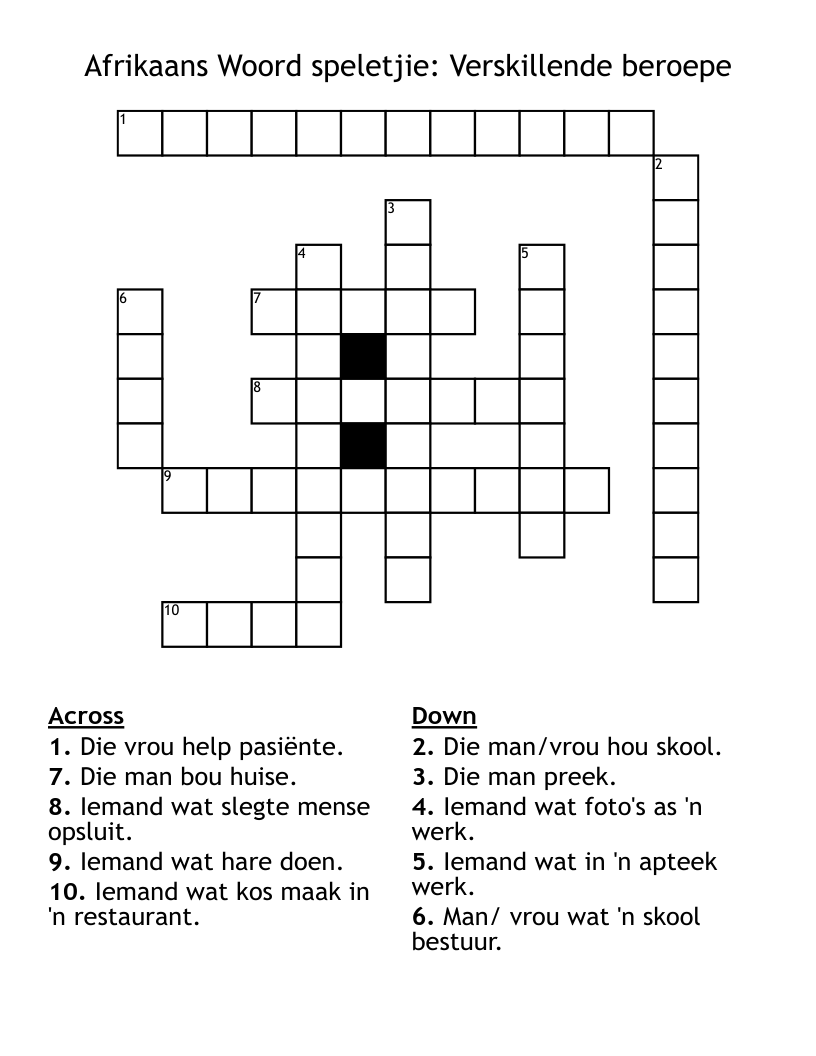 Afrikaans Woord speletjie: Verskillende beroepe Crossword