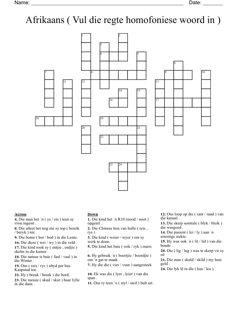 Afrikaans ( Vul die regte homofoniese woord in ) Crossword