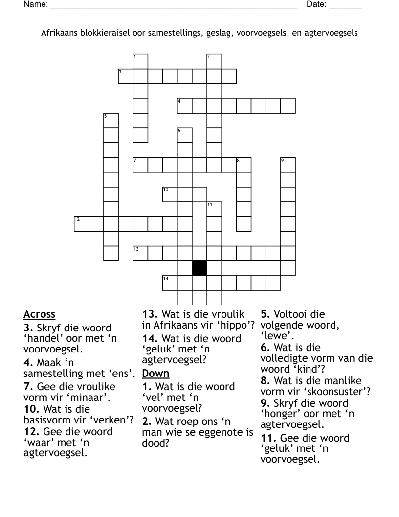 Afrikaans blokkieraisel oor samestellings, geslag, voorvoegsels, en agtervoegsels Crossword