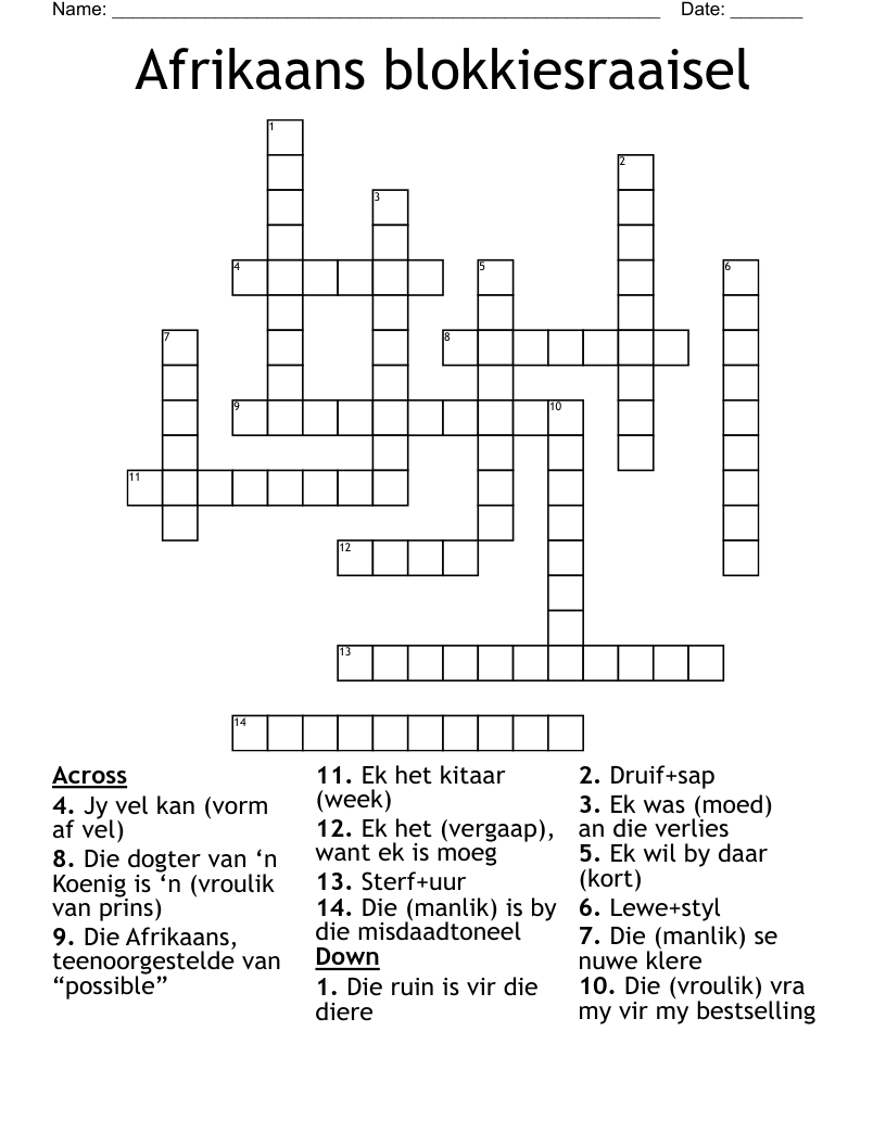 Afrikaans blokkiesraaisel  Crossword