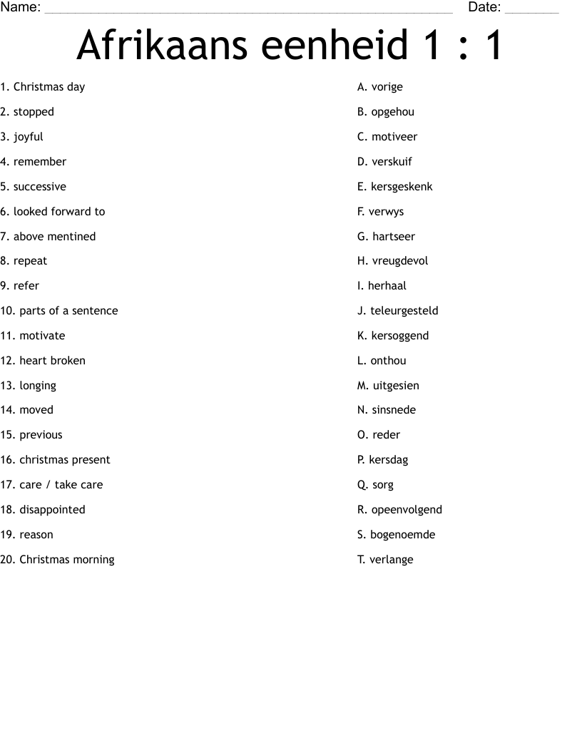 Afrikaans eenheid 1 : 1 Worksheet