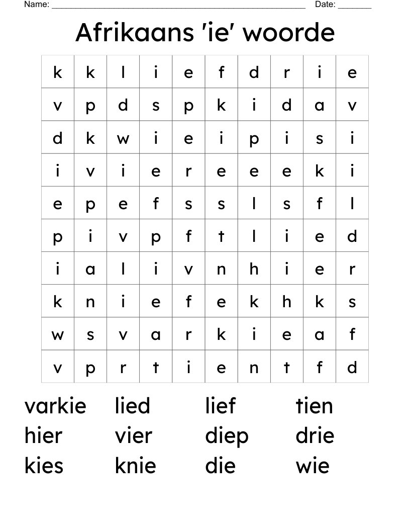 Afrikaans 'ie' woorde Word Search