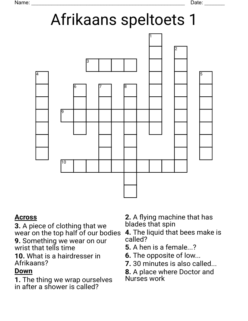 Afrikaans speltoets 1 Crossword