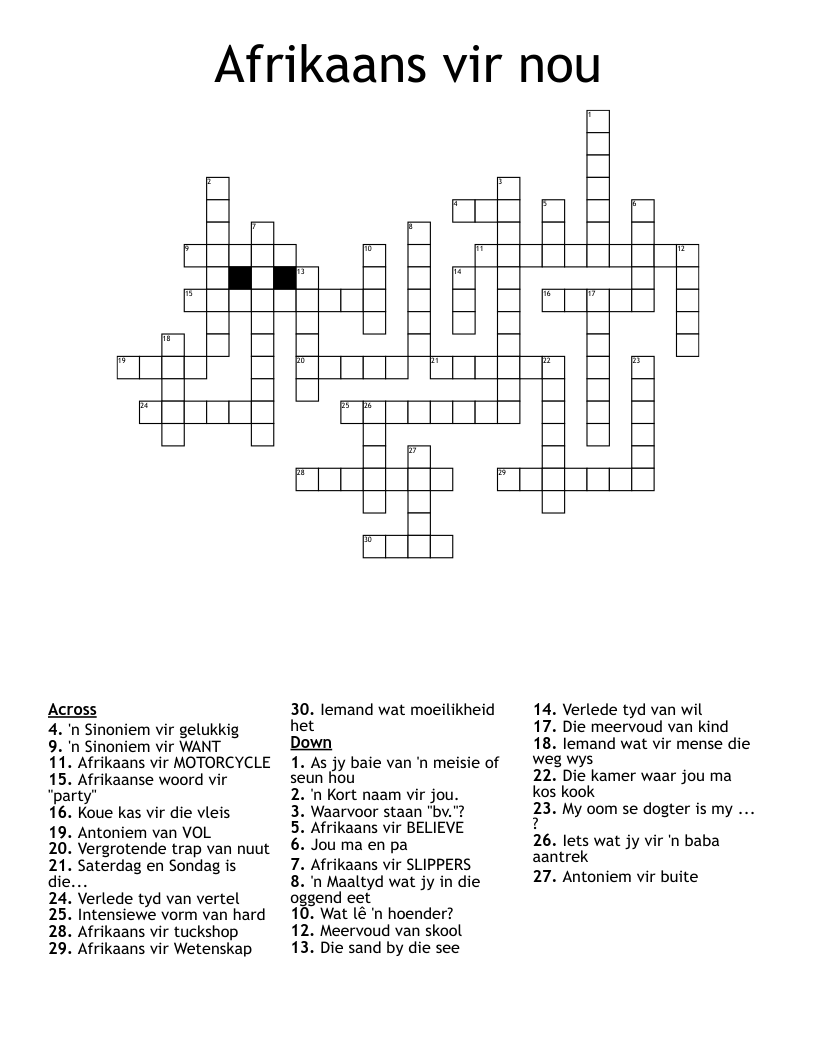 Afrikaans vir nou Crossword