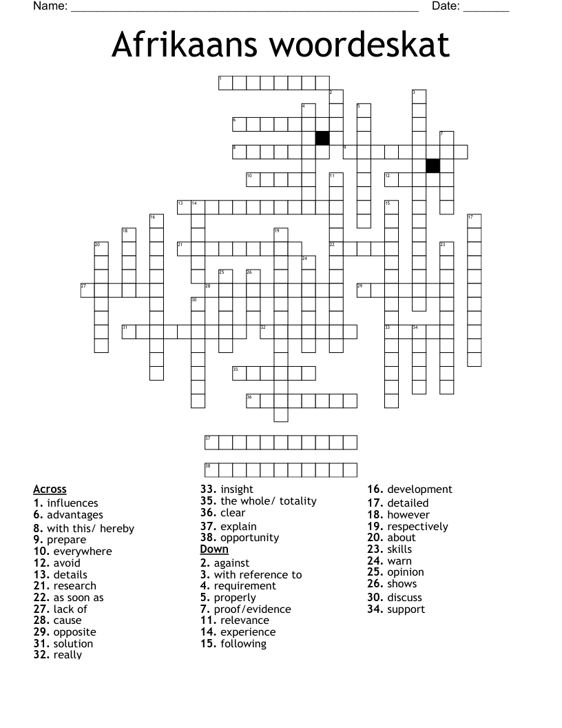 Afrikaans woordeskat Crossword