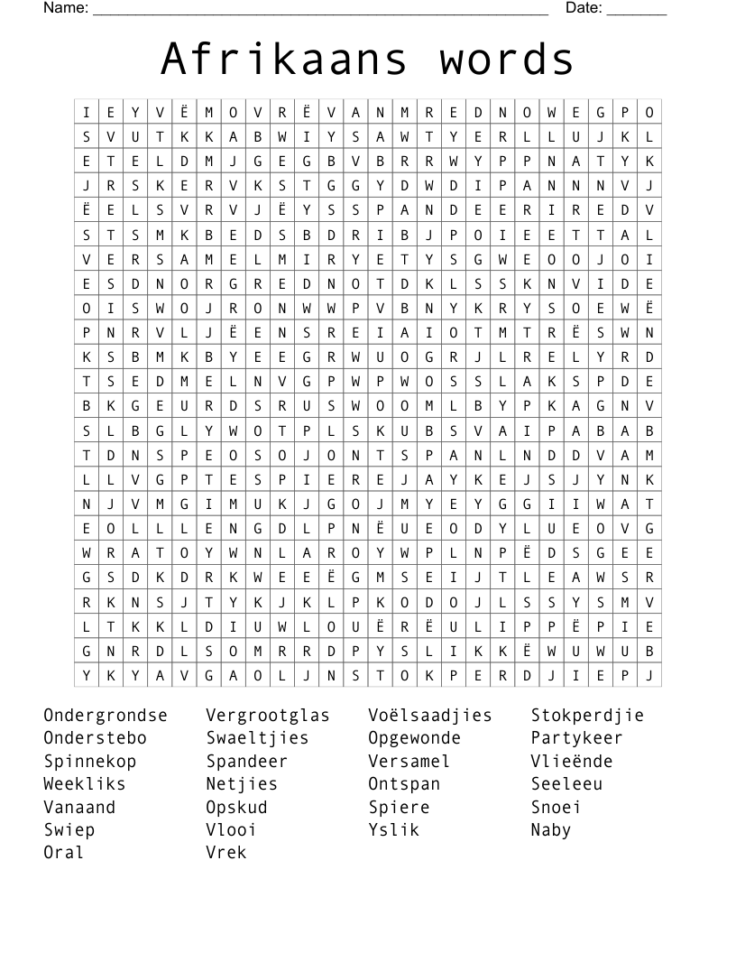Afrikaans words Word Search