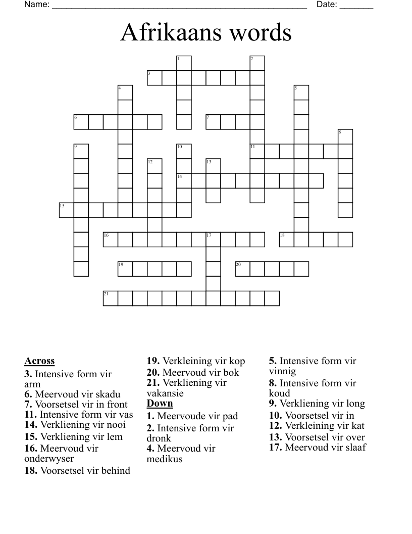 Afrikaans words Crossword