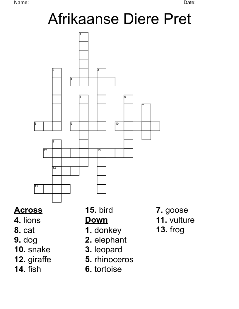Afrikaanse Diere Pret Crossword