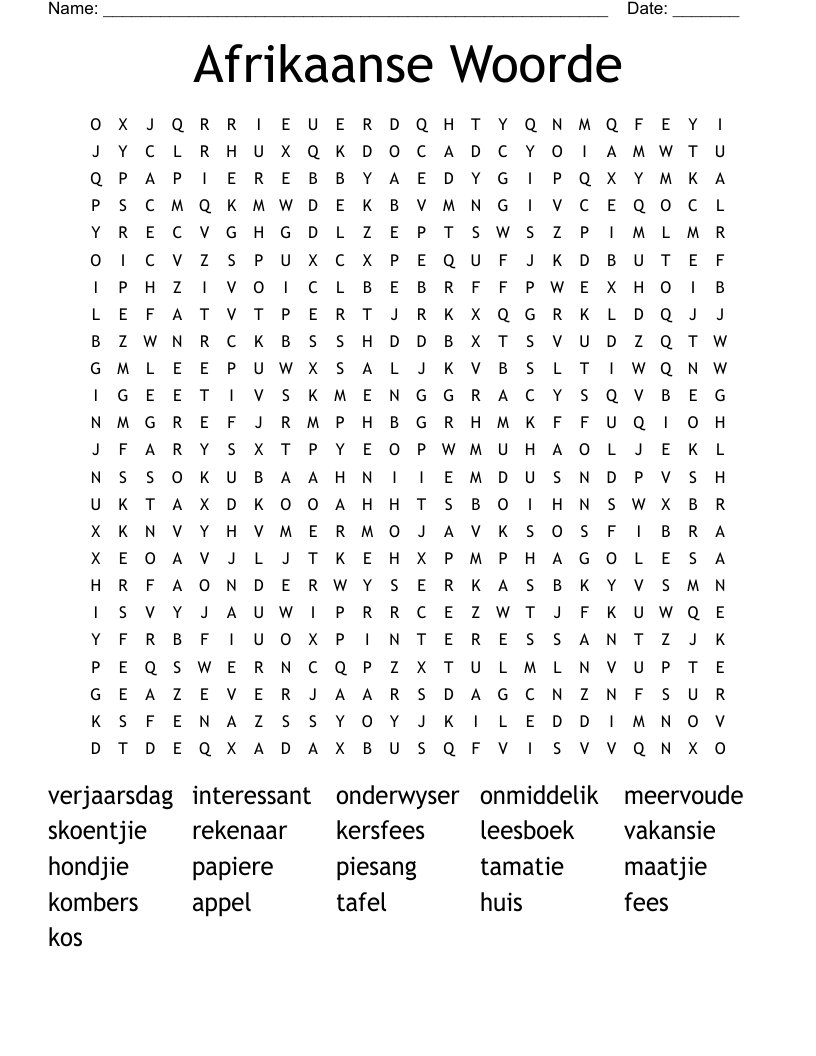 Afrikaanse Woorde Word Search