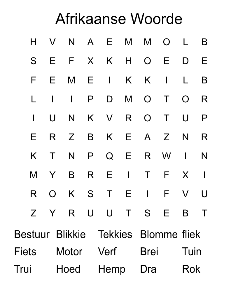 Afrikaanse Woorde Word Search