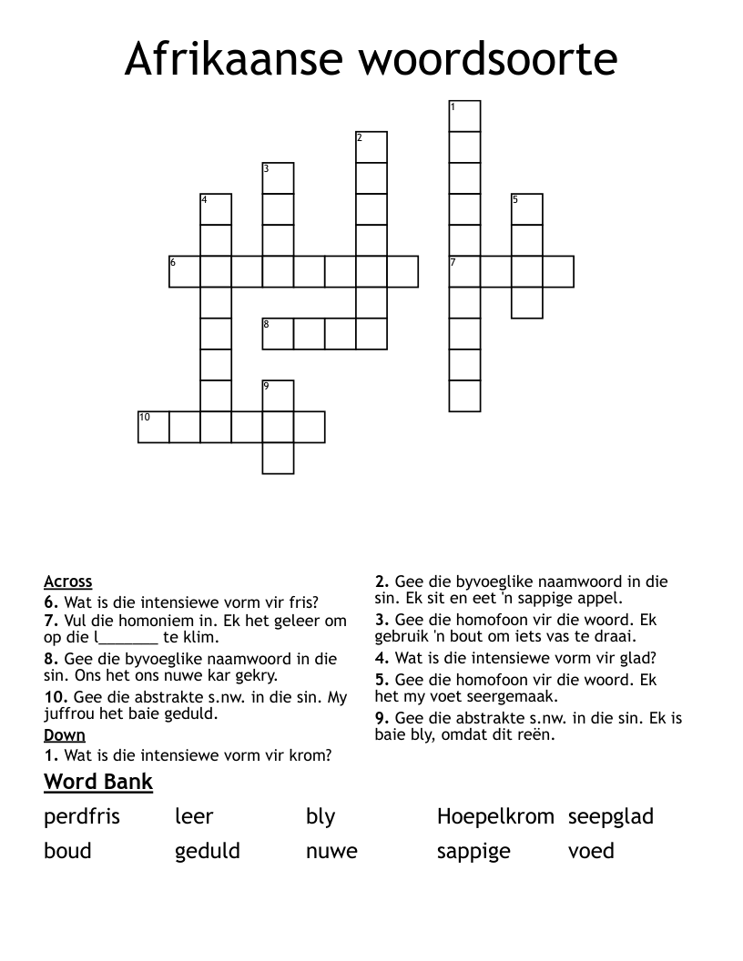Afrikaanse woordsoorte Crossword