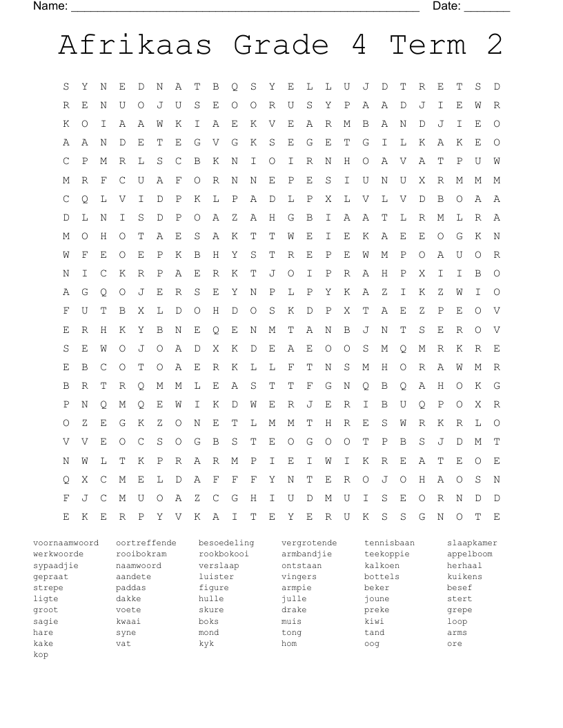 Afrikaas Grade 4 Term 2 Word Search
