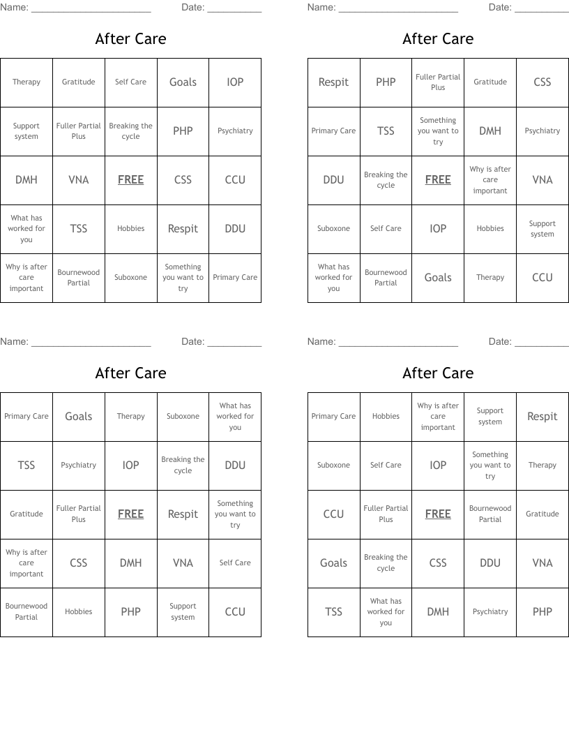 After Care Bingo Cards