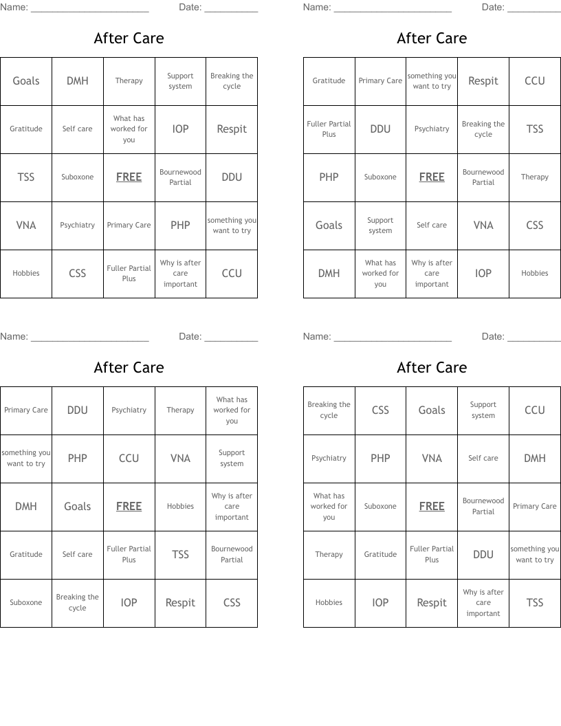 After Care Bingo Cards