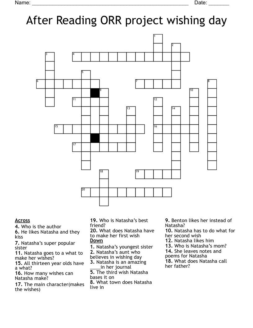 After Reading ORR project wishing day Crossword